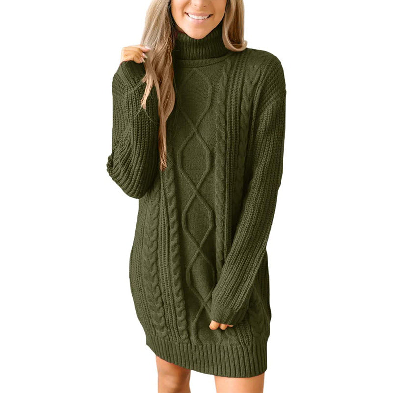 Women's Cable Knit Tunic Sweater with High Collar