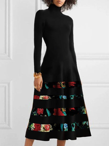 Women's Knitted Dress Floral Elegant High Neck