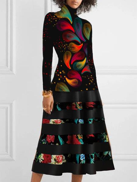 Women's Knitted Dress Floral Elegant High Neck
