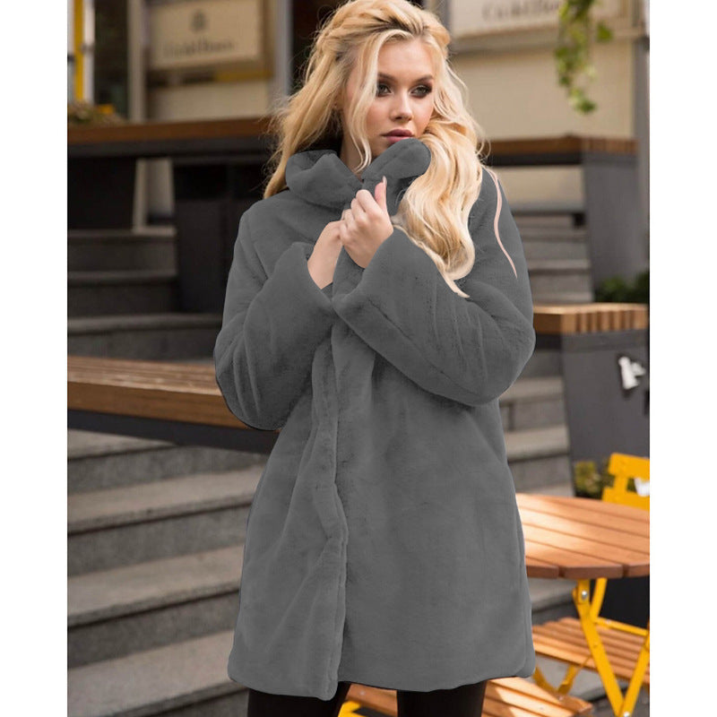 Damen Kunstpelz Mantel Weich Hochkragen WinteractionDate