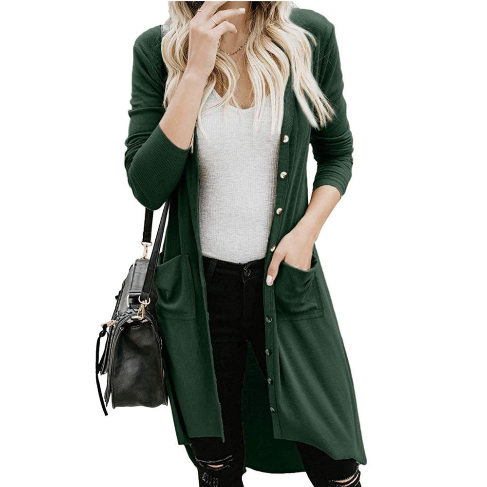 Women's Long Elegant Cardigan with Pockets and Buttons