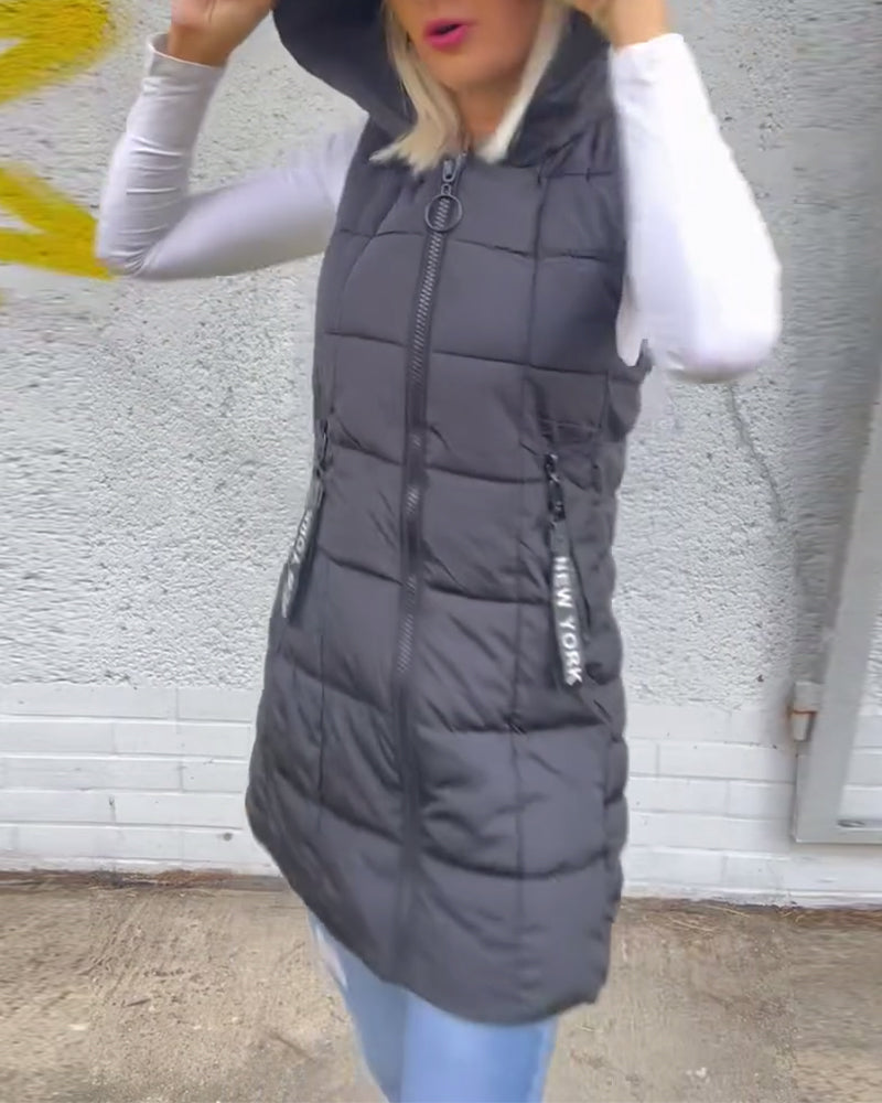 Wattierte Winterjacke Ärmellos Kapuze Reißverschluss - IdealeKleiden