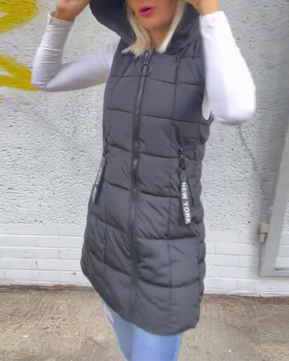 Wattierte Winterjacke Ärmellos Kapuze Reißverschluss - IdealeKleiden