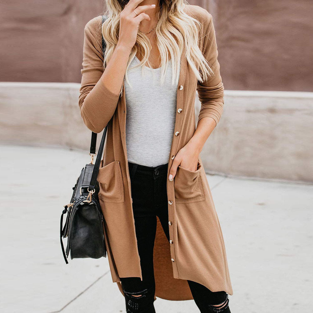 Women's Long Elegant Cardigan with Pockets and Buttons