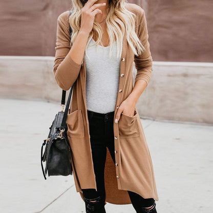 Women's Long Elegant Cardigan with Pockets and Buttons