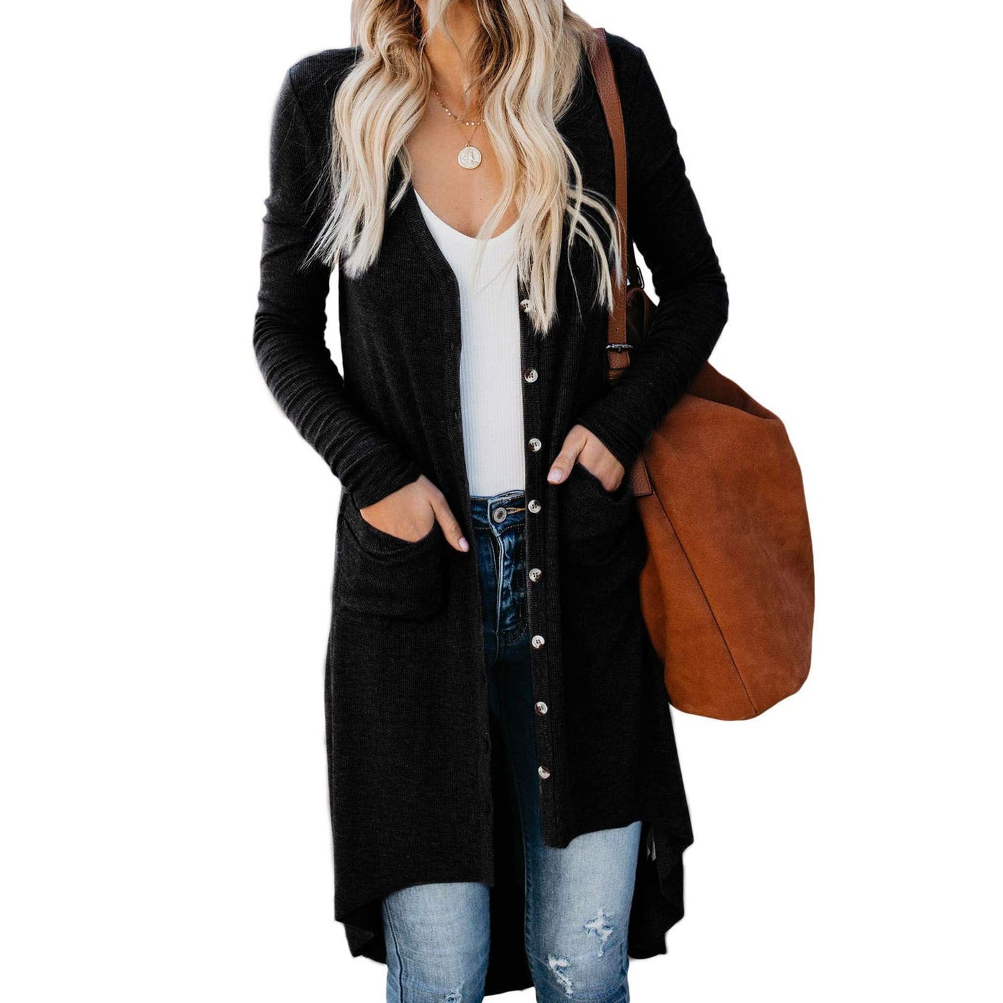 Women's Long Elegant Cardigan with Pockets and Buttons