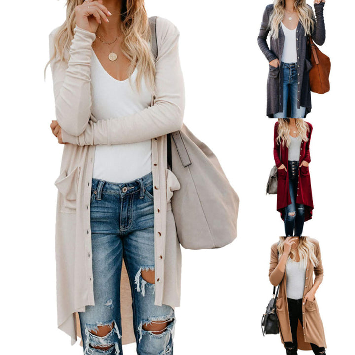 Damen Strickjacke Lang Elegant mit Taschen und Knöpfen - IdealeKleiden