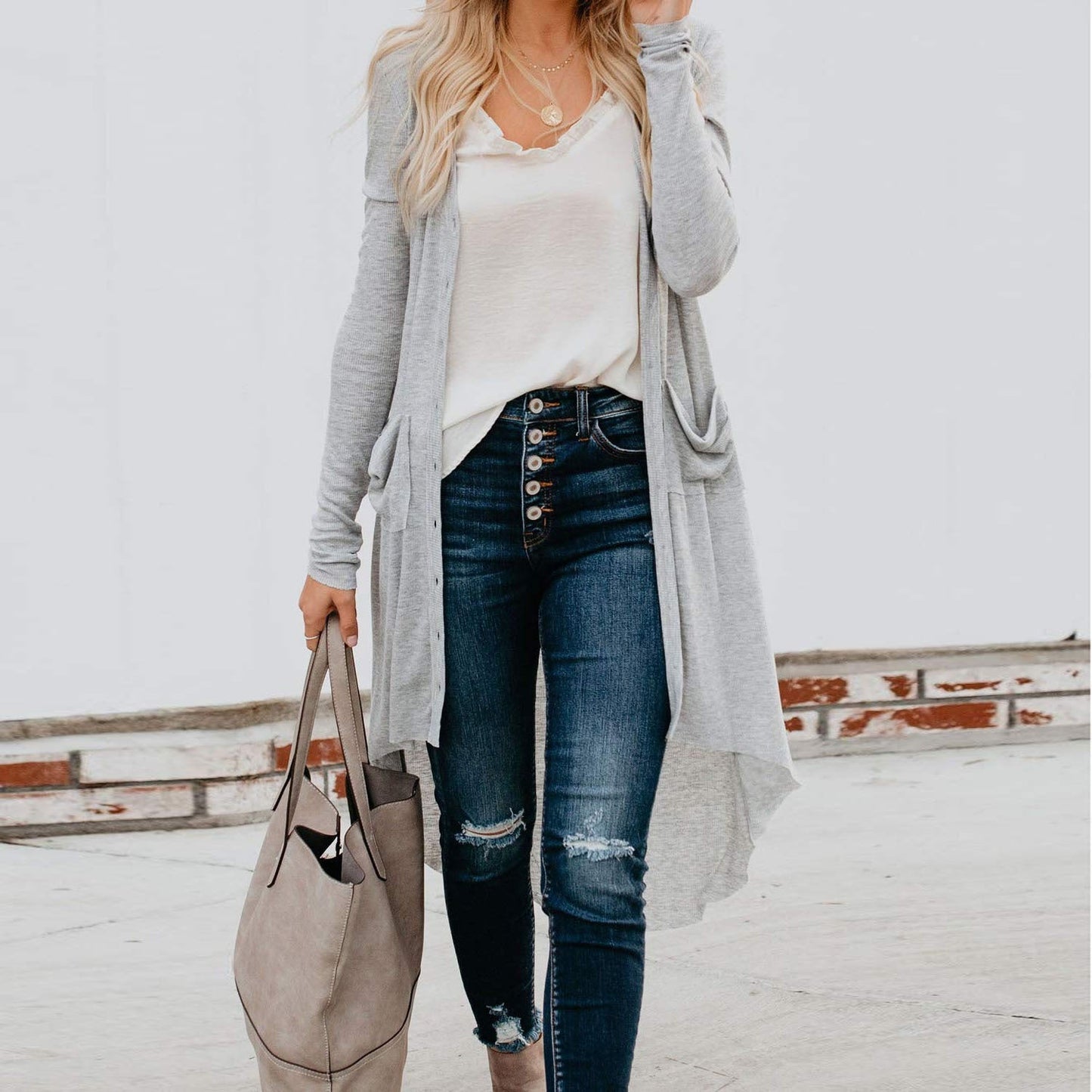 Women's Long Elegant Cardigan with Pockets and Buttons