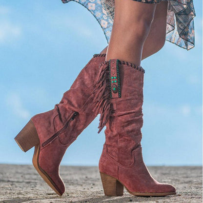 Kunstleder Stiefel Wildwest Style Fransen Nieten - IdealeKleiden