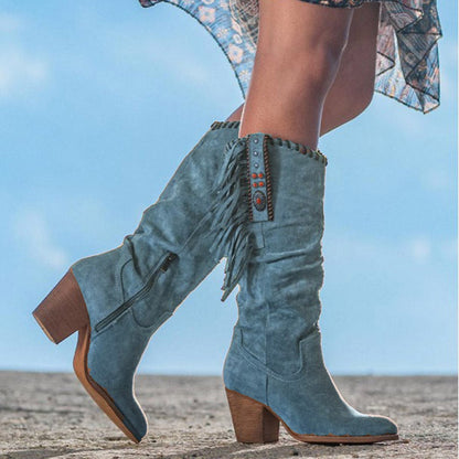 Faux Leather Boots Wild West Style Fringes Studs