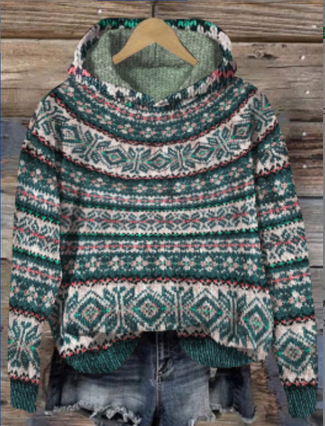Women's Knitted Jumper Norwegian Pattern Hood
