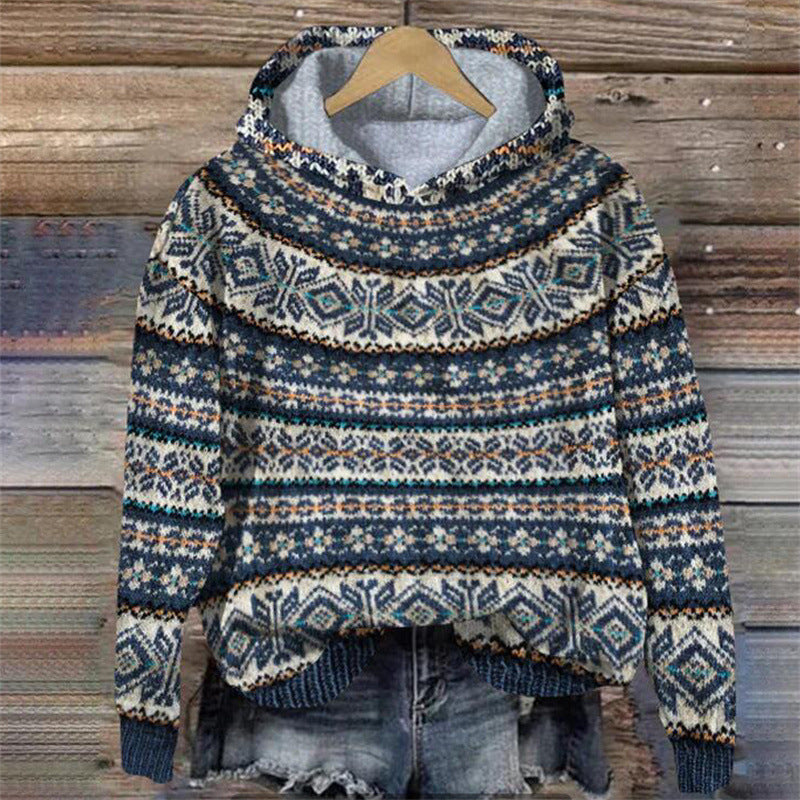 Women's Knitted Jumper Norwegian Pattern Hood