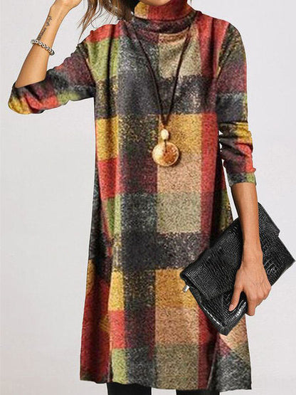 Women's Chic Plaid Turtleneck Long-Sleeve Dress