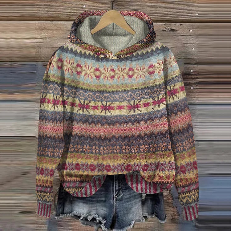 Women's Knitted Jumper Norwegian Pattern Hood