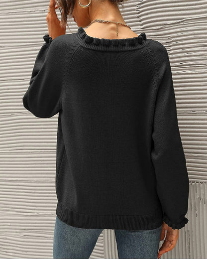 Stylischer Einfarbiger Pullover mit Rüschen Detail - IdealeKleiden
