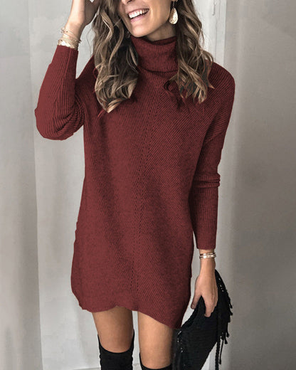 Women's Sweater Dress High Neck Ribbed Look Elegant
