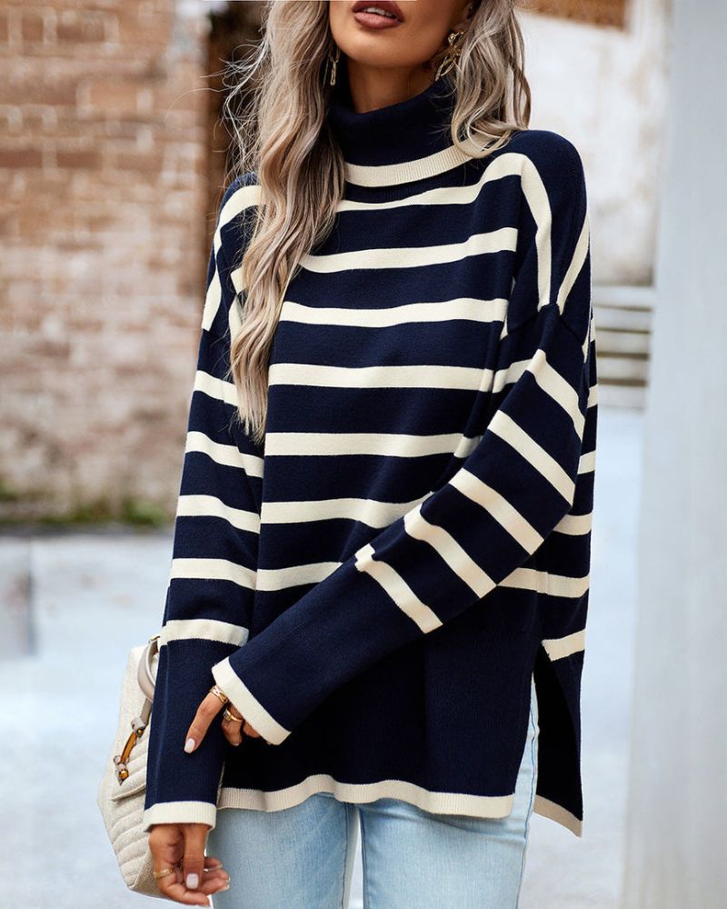 Stylish Turtleneck Sweater with Stripe Pattern