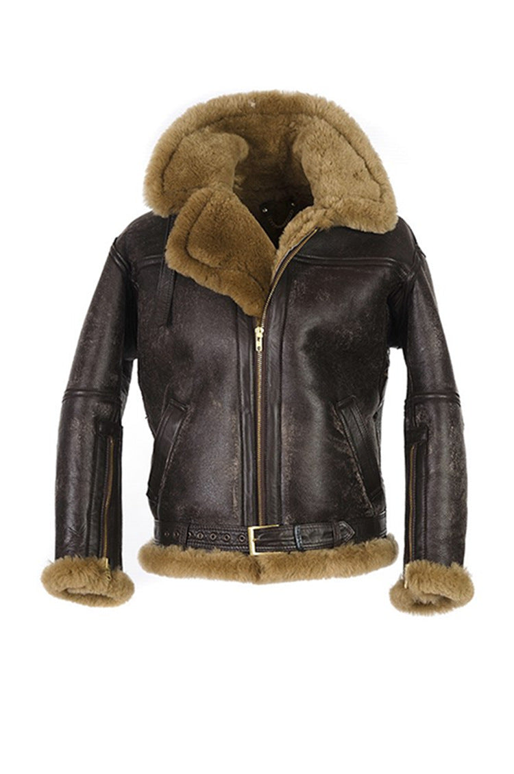 Men's Lambskin Jacket Luxury Faux Fur Collar Warm Insulated