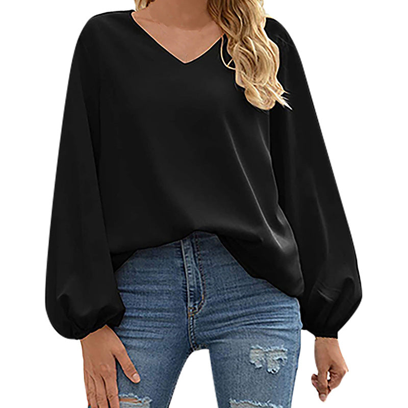 Damen Satin Bluse Elegant V-Ausschnitt