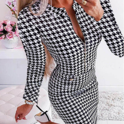 Elegantes Damenkleid Hahnentrittmuster Tailliert - IdealeKleiden