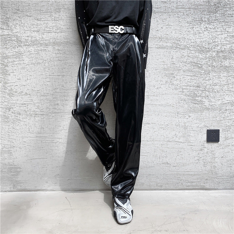 Men's Patent Leather Trousers Elegant Wedding Trousers Black