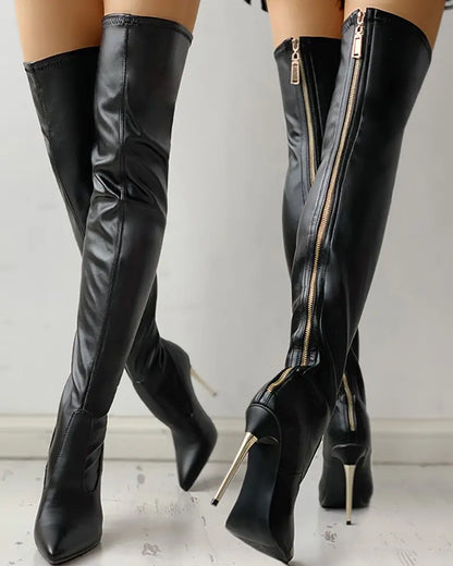 Overknee Stiefel Gold Absatz Reißverschluss - IdealeKleiden