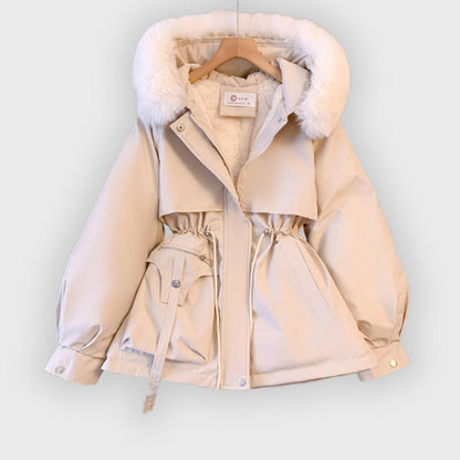 Fashionable winter coat with fur-lined hood