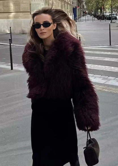 Kunstpelz-Winterjacke Burgunder Rot Elegant - IdealeKleiden