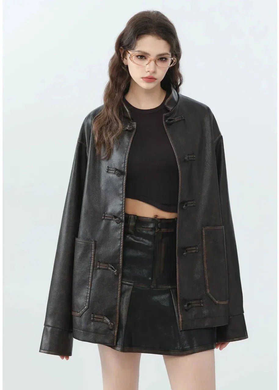 Casual Leather Jacket with Stand-Up Collar Modern Style