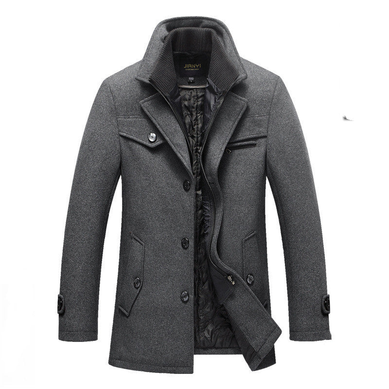 Men's Long Wool Coat Double Zipper Winter
