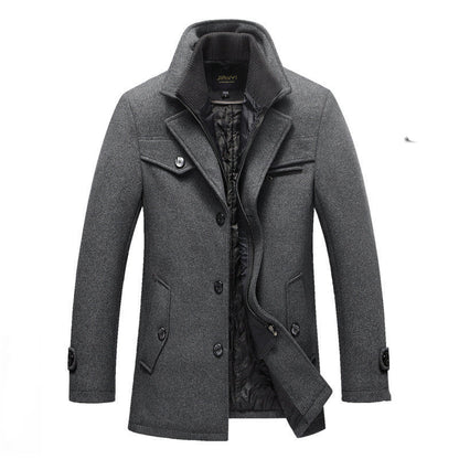 Men's Long Wool Coat Double Zipper Winter