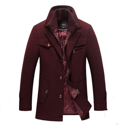 Men's Long Wool Coat Double Zipper Winter