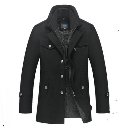 Men's Long Wool Coat Double Zipper Winter