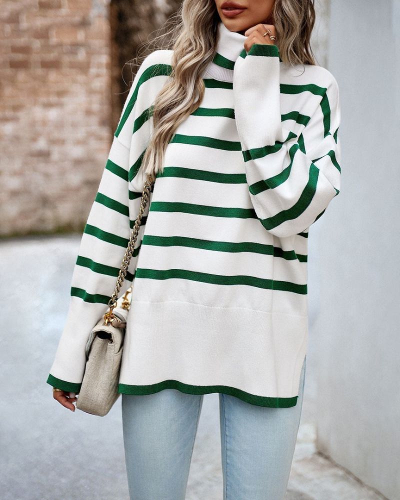 Stylish Turtleneck Sweater with Stripe Pattern