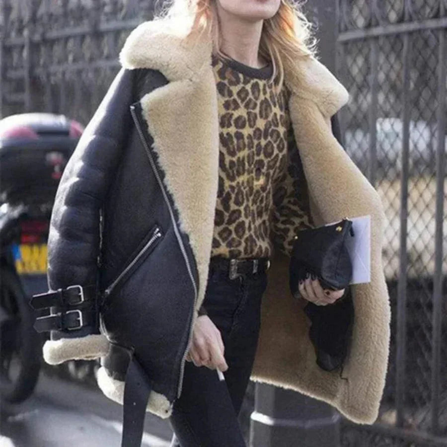 Oversized Quilted Jacket Suede Look Sherpa