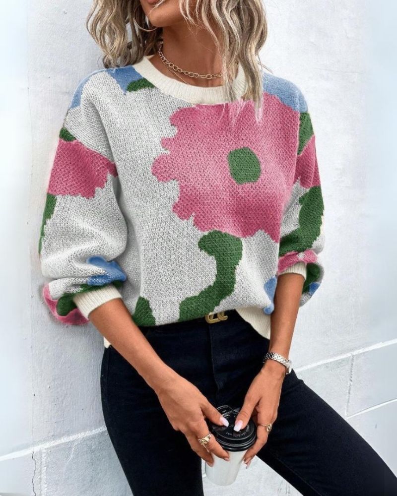 Knitted Jumper Women Modern Floral Design