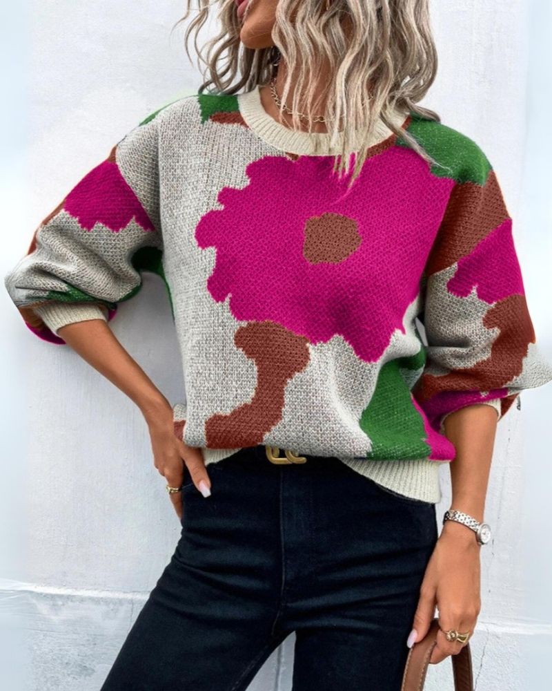 Knitted Jumper Women Modern Floral Design
