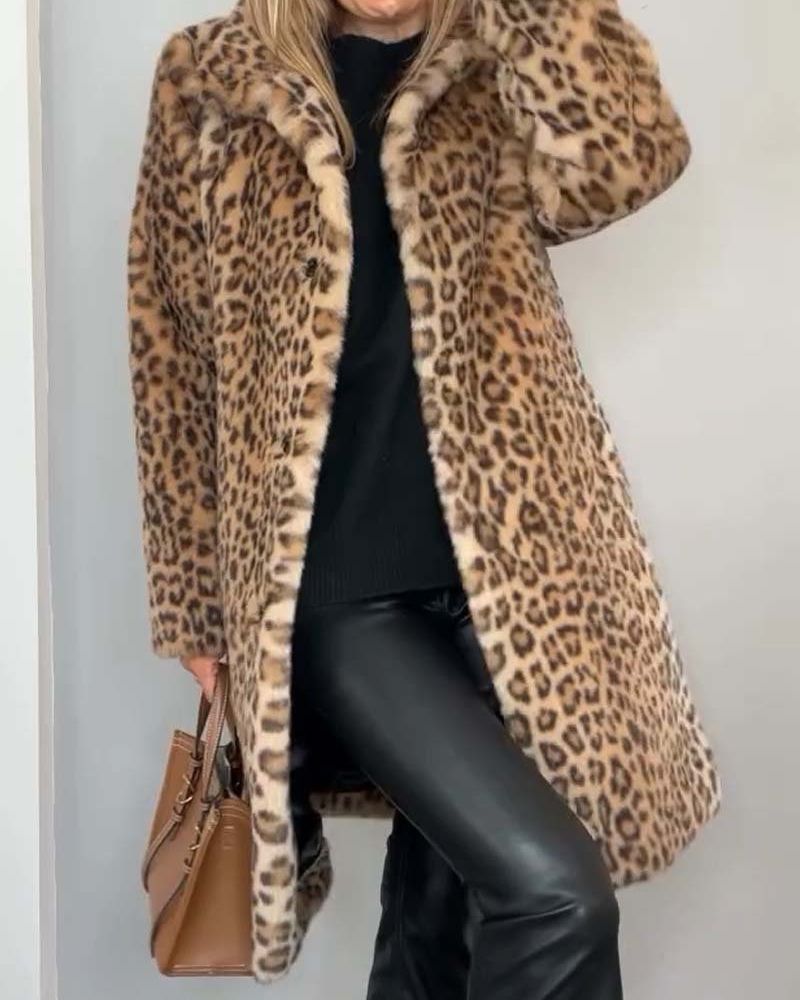 Leopard Print Jacket Women Long Soft Black