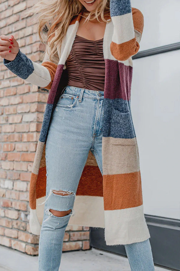 Knitted Cardigan with Open Front and Multicolored Design