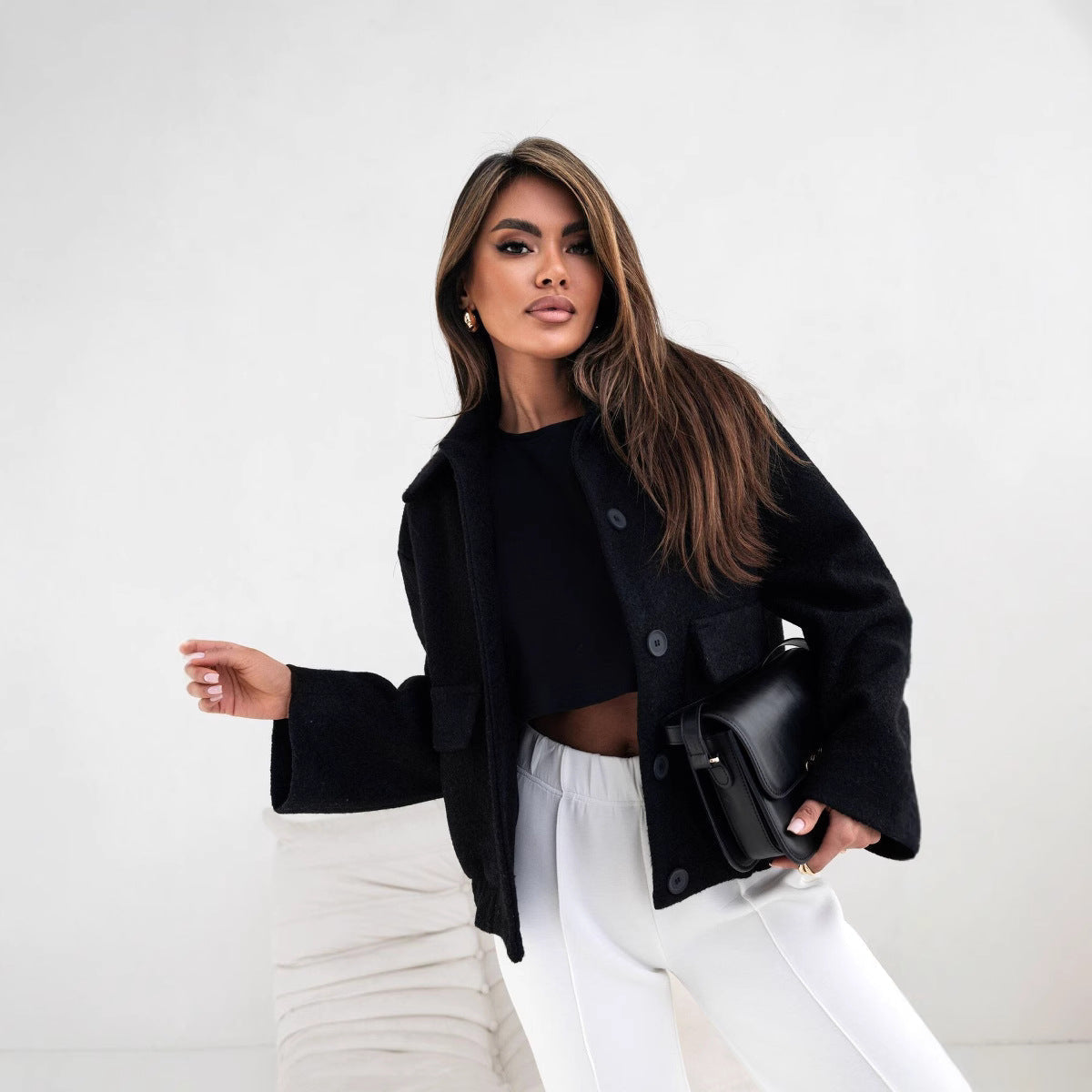 Oversized Wool Jacket Short Fashionable With Buttons And Pockets