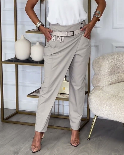 Plain Patchwork Style Pants with Pockets