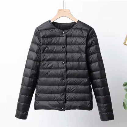 Lightweight Down Jacket Slim Fit Button Closure Hip Length