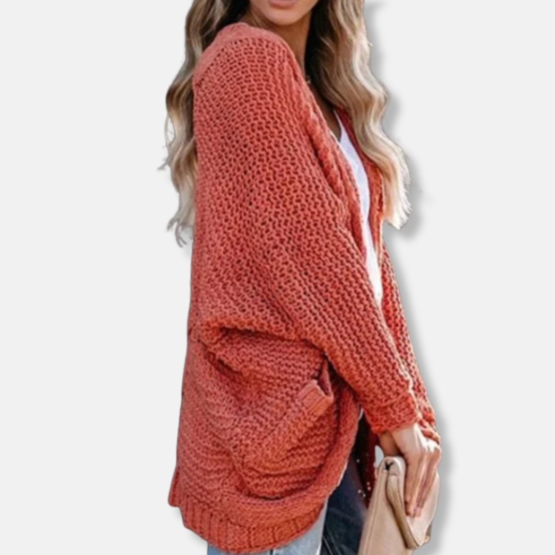 Übergroßer Wollcardigan mit Rippenmuster und Vordertaschen - IdealeKleiden