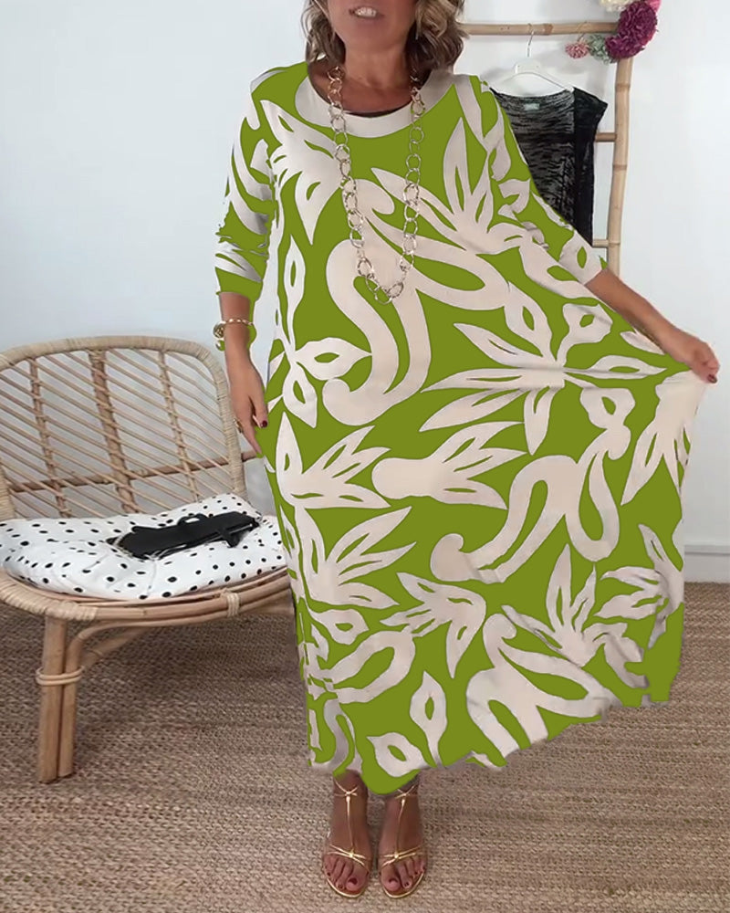 Women's Round Neck Long Sleeve Dress with Colorful Print