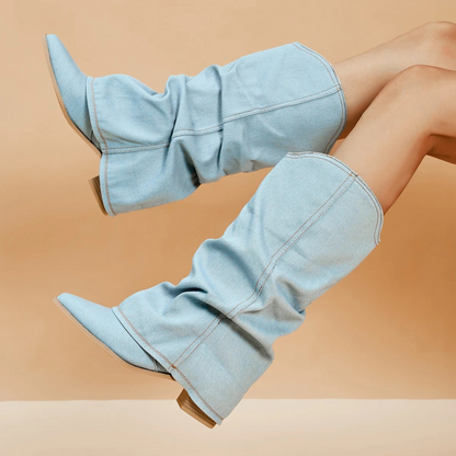 Stylish Women's Block Heel Denim Boots