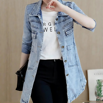 Lange Damenjeansjacke mit Stickerei - IdealeKleiden
