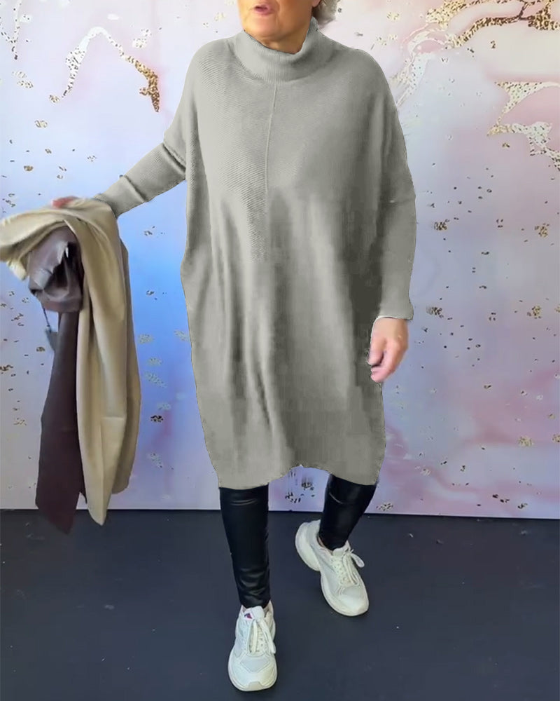 Elegant Solid Color High-Neck Long-Sleeve Sweater