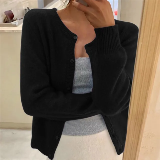 Women's Round Neck Cardigan Elegant Long Sleeve