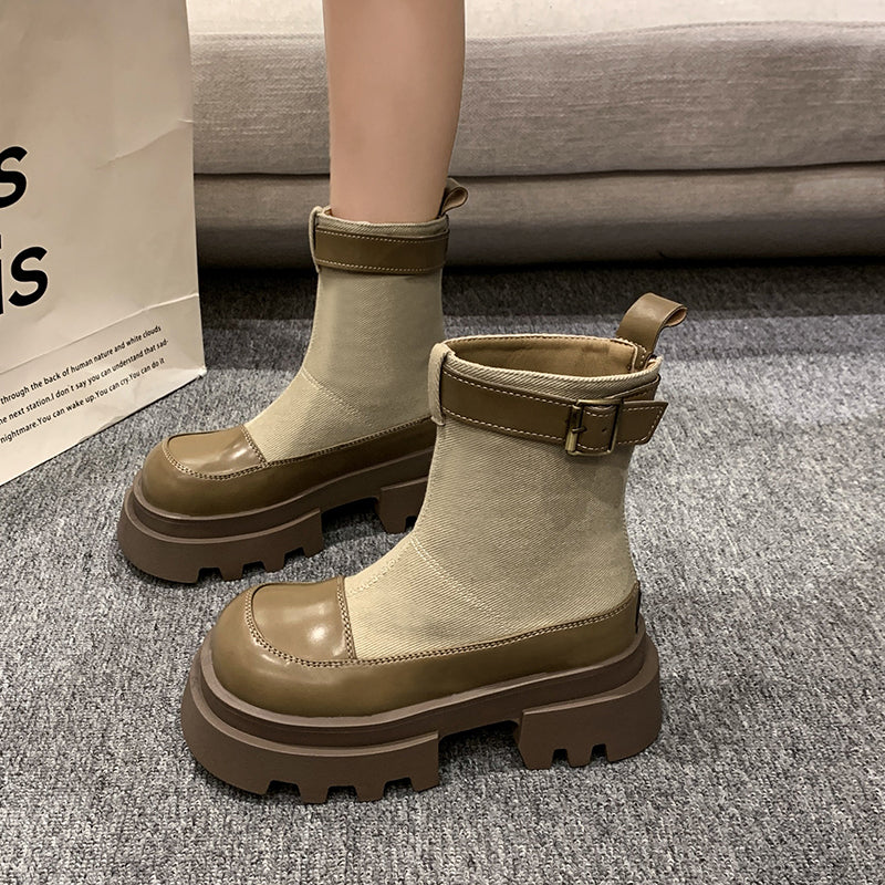 Stylische Stiefel Canvas Kurz Dicksohlige Schnellverschluss - IdealeKleiden