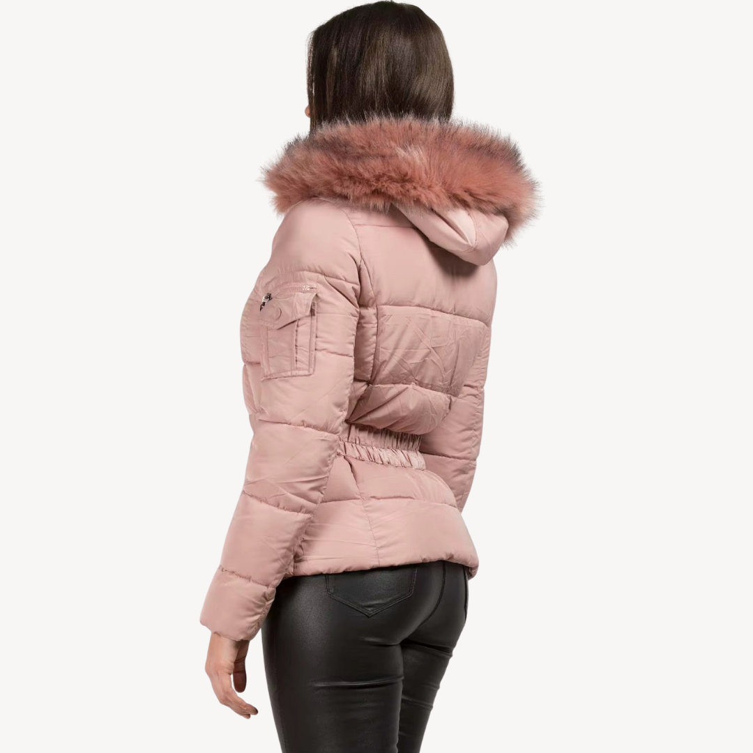 Warmes Winterkleid | Damen Puffermantel mit Kunstfellkapuze - IdealeKleiden